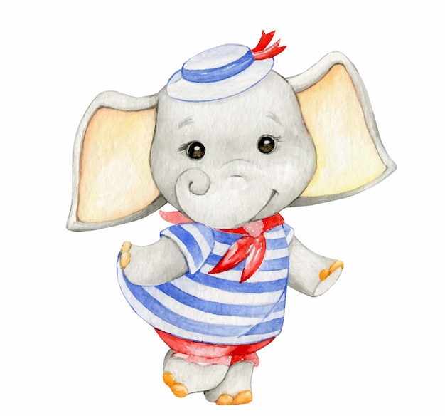 Cute elephant dressed as a sailor Watercolor animal clip art in cartoon style on an isolated background