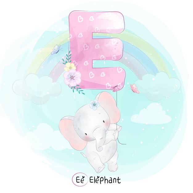 Cute Elephant flying with alphabet-E balloon