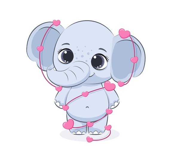 Cute elephant in a garland of hearts for Valentine's Day. Vector illustration of a cartoon.