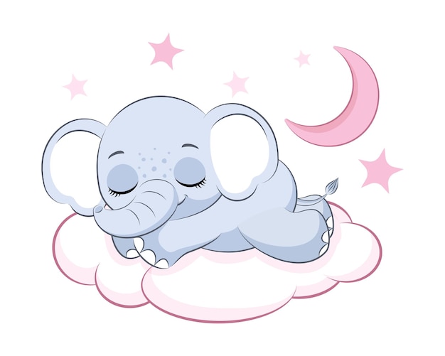 Cute elephant girl sleeping on a cloud Vector illustration of a cartoon