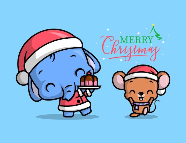 A CUTE ELEPHANT IS CELEBRATING CHRISTMAS EVE WITH A LITTLE MOUSE BY EATING PUDDING