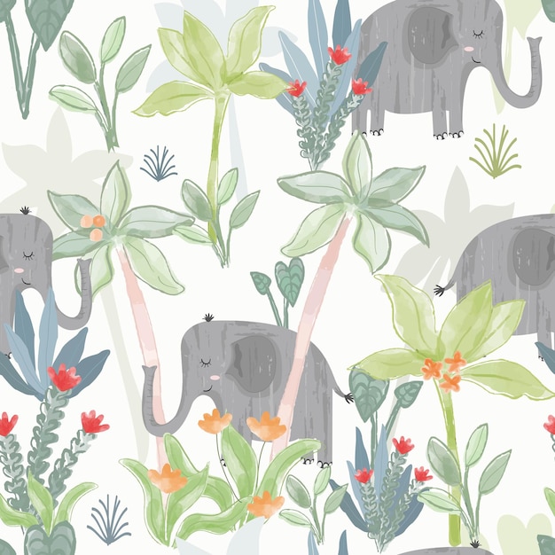 Cute elephant in jungle seamless pattern