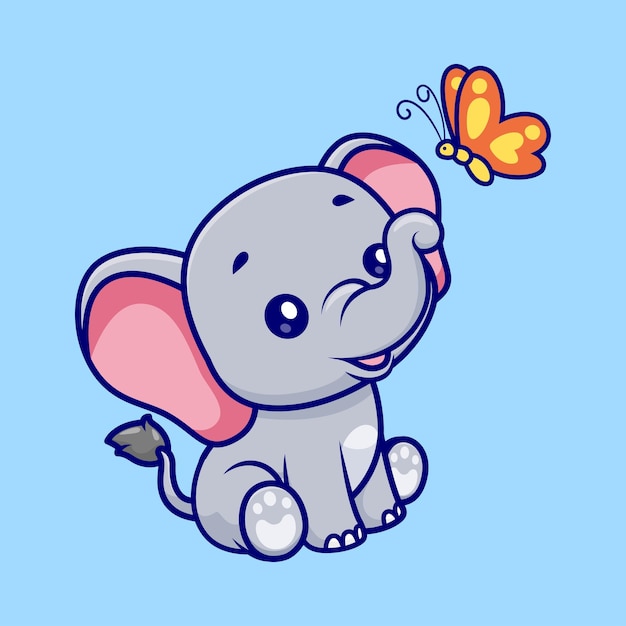 Cute Elephant Playing With Butterfly Cartoon Vector Icon Illustration Animal Nature Icon Isolated