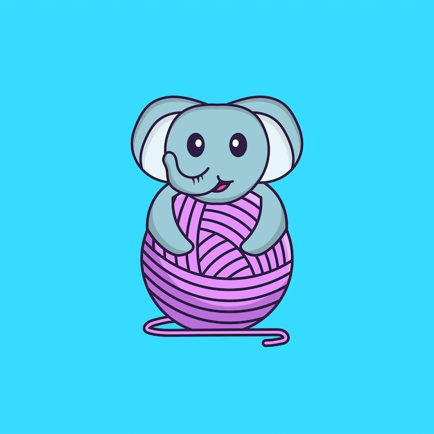 Cute elephant playing with wool yarn. Animal cartoon concept isolated.