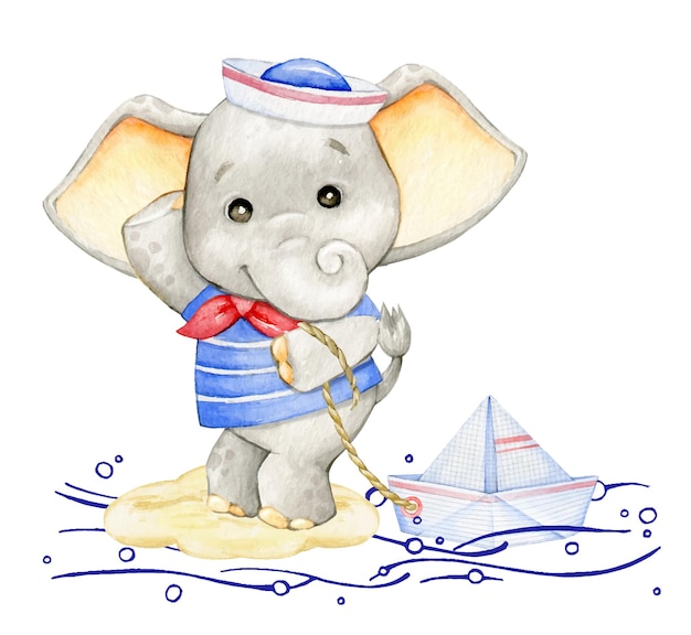 Cute elephant in a sailor suit holding a paper boat Watercolor cartoonstyle clipart