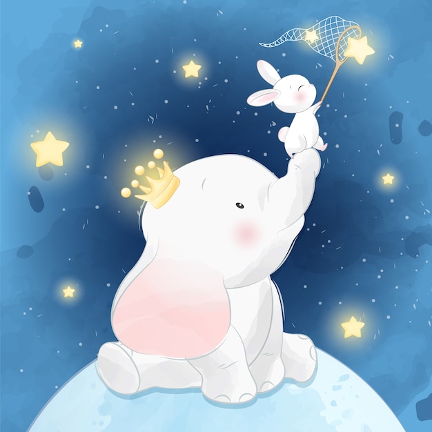 Cute elephant sitting in the moon with little bunny