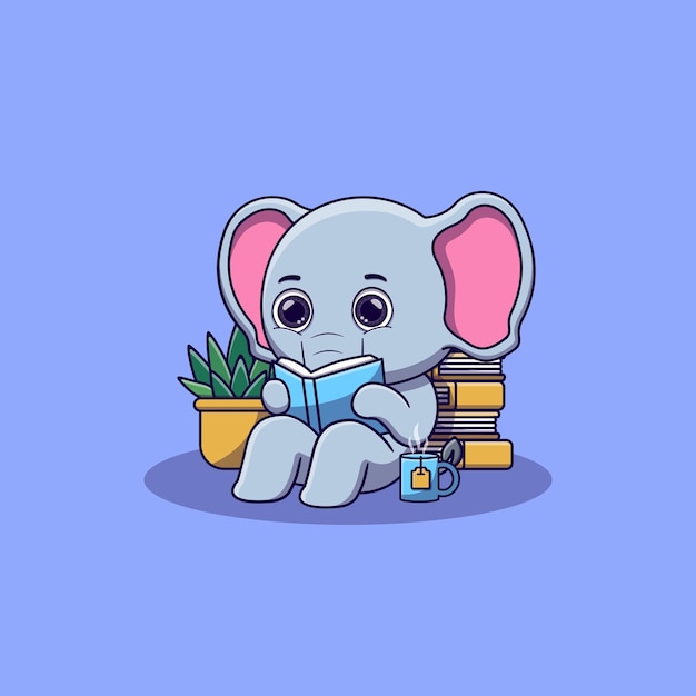 Cute elephant sitting while reading book