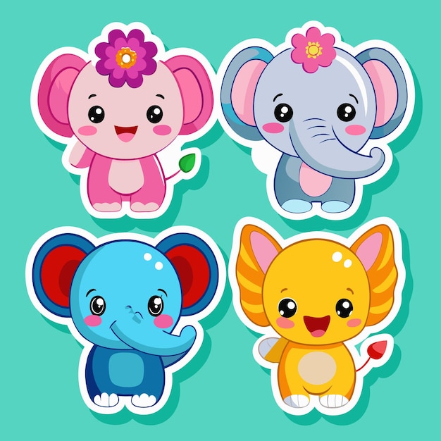 Vector cute elephant stickers with flowers and tails