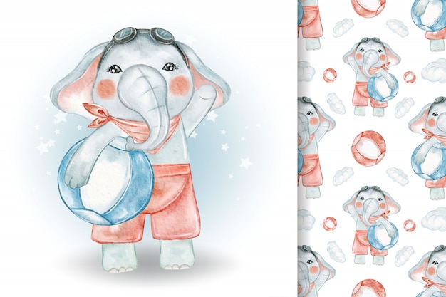 Cute elephant with ball beach watercolor illustration and pattern