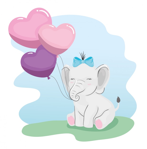 Cute elephant with balloons helium in shape heart