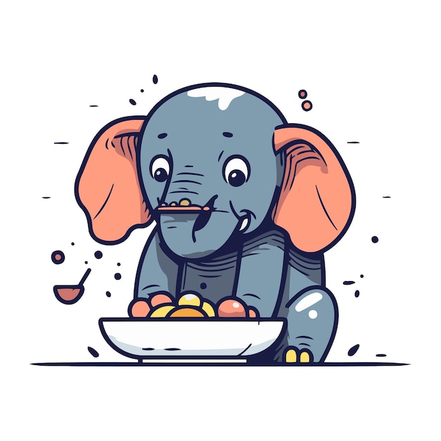 Vector cute elephant with bowl of food vector illustration in cartoon style