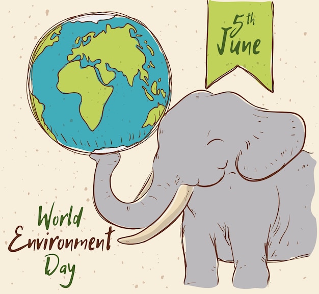 Cute elephant with Earth globe greeting and ribbon to commemorate wildlife in World Environment Day