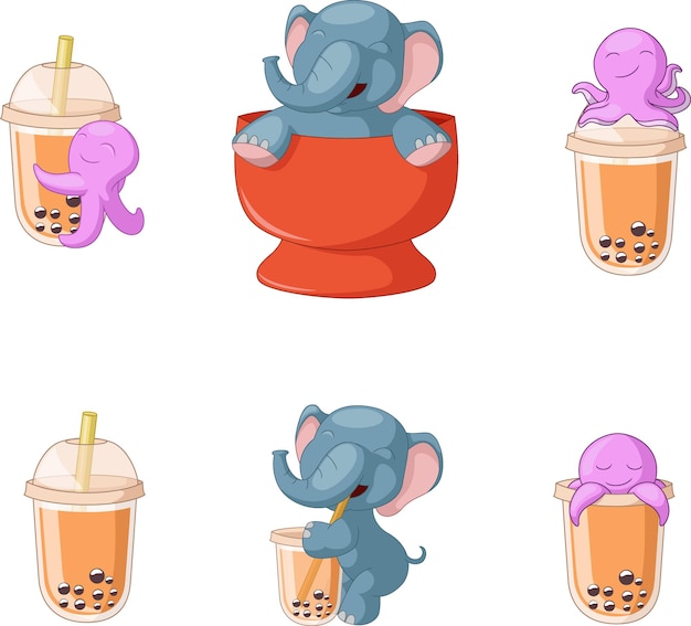 Cute elephant with octopus and drink bubble milk