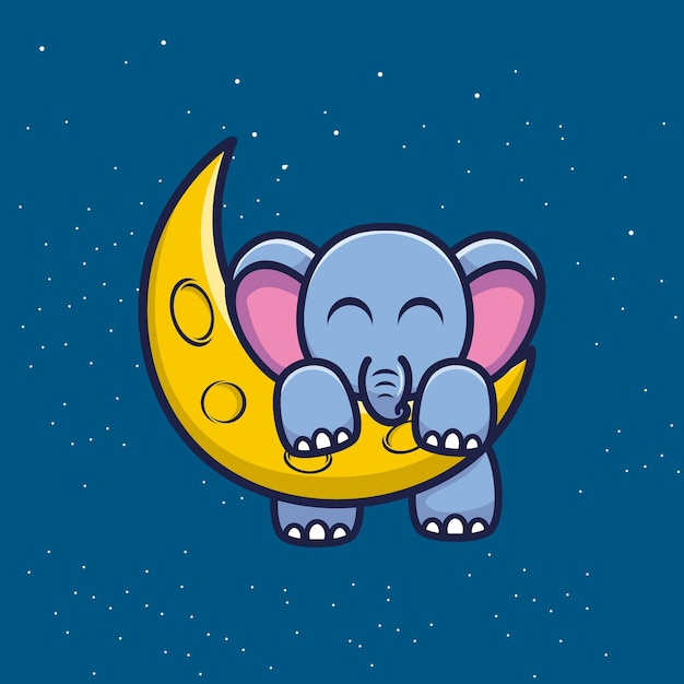 Cute elephant with sickle moon cartoon vector illustration