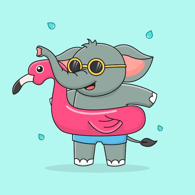 Cute elephant with swim ring flamingo and sunglasses