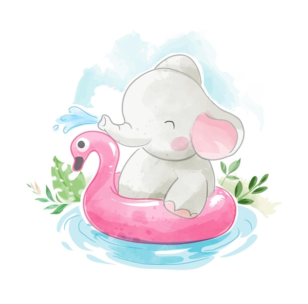 Cute elephant with swim ring in small pond illustration