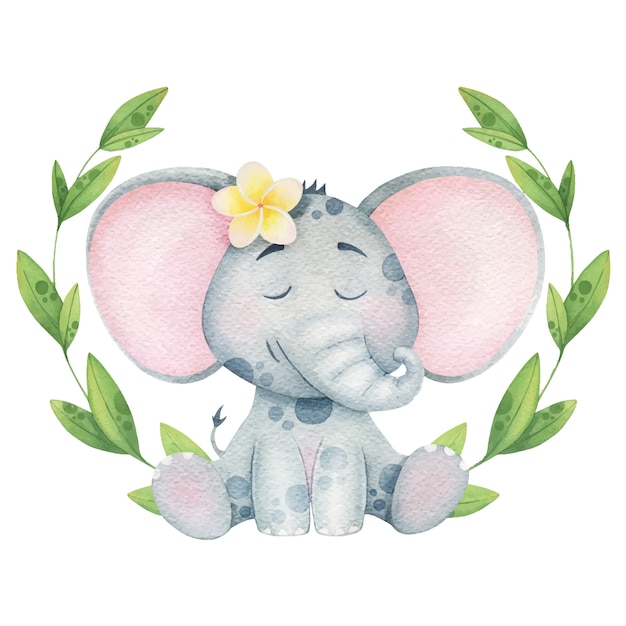 Cute elephant with tropical twigs meditating. Watercolor illustration