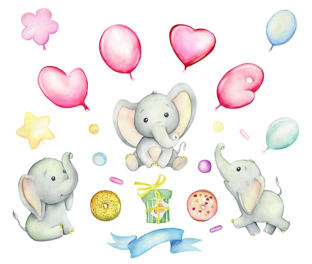 Cute elephants, balloons, donuts, gift, ribbon. Watercolor set, on an isolated background.