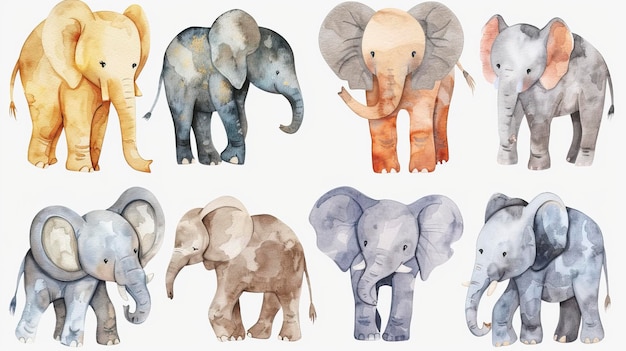 Vector cute elephants set tropical cute animals watercolor