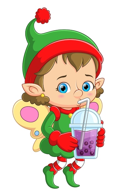 Cute elf holding bubble milk tea