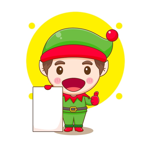 Cute elf with empty paper showing thumb up chibi cartoon character