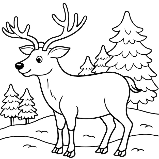 Vector cute elk bugling in an open meadow cartoon style coloring page for kids black line vector