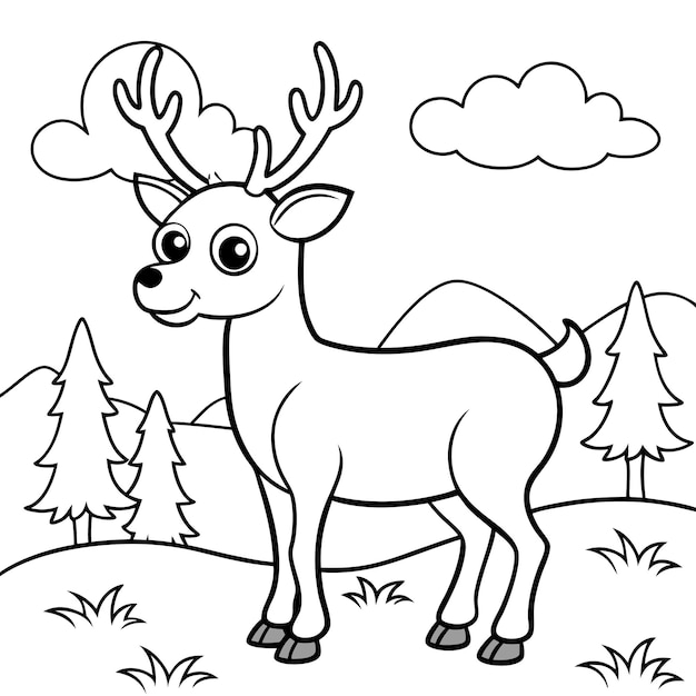 Vector cute elk bugling in an open meadow cartoon style coloring page for kids black line vector