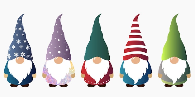 Vector cute elves in colorful clothes chrismas gnomes collection winter characters gnomes golden hats