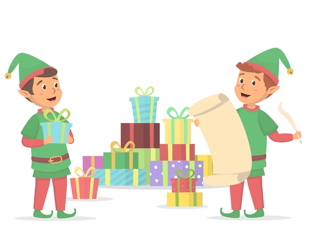 Cute elves with christmas gift box