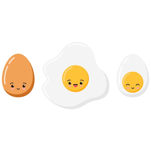 Cute emoji fried, boiled and half eggs icon set isolated on white background. Flat cartoon kawaii style vector food character illustration. Eggs with lovely emoticon faces.