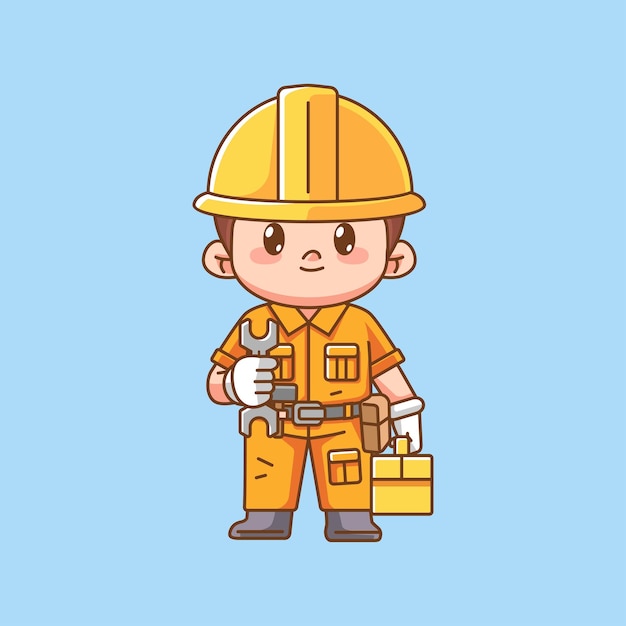 Cute engineer confident with tool at workshop kawaii chibi character mascot illustration outline