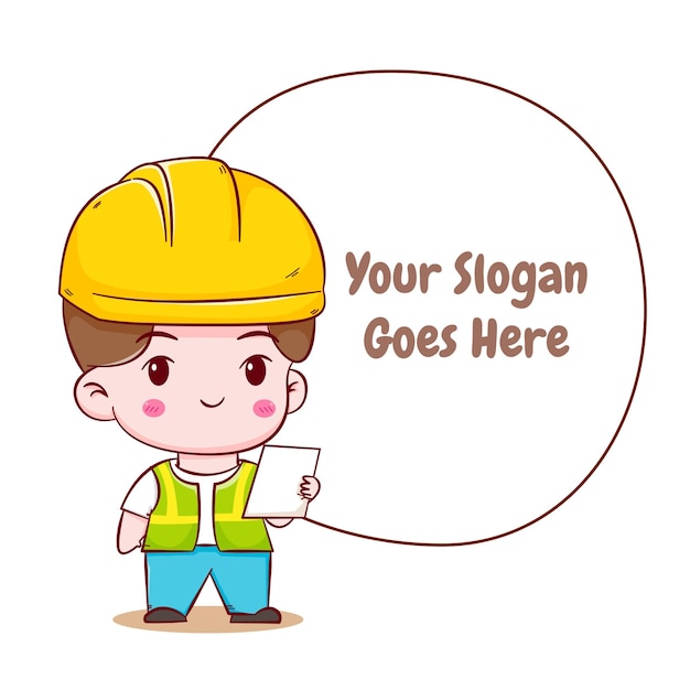 Cute Engineer construction worker reading list concept hand drawn cartoon chracter