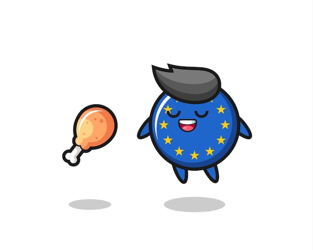 Cute europe flag badge floating and tempted because of fried chicken