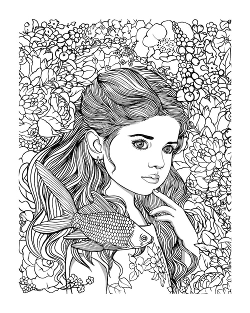 Cute European little girl bw vector surrounded by flowers. With goldfish. Vector black and white