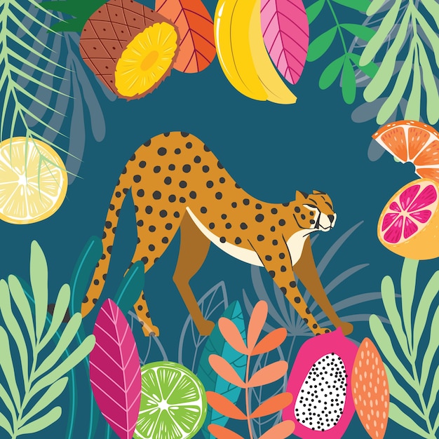 Cute exotic wild big cat cheetah stretching on dark tropical background with collection of exotic plants and fruit. Flat illustration