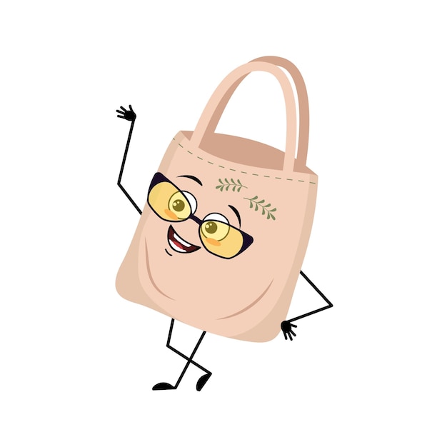 Cute fabric bag character with glasses and happy emotion face smile eyes arms and legs Shopper with funny face ecological alternative to plastic bag Vector flat illustration