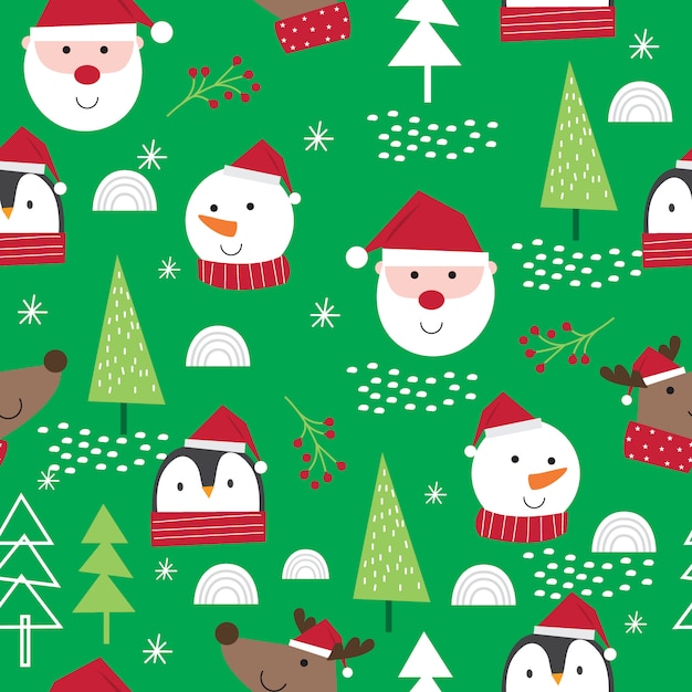 Cute face Christmas character, cute Santa Claus, reindeer, snowman and penguin