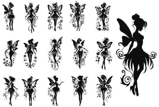 Cute Fairies silhouette collection Little fairies set Hand drawn vector illustration