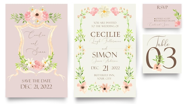 Cute fairy pastel pink and white flower watercolor wedding invitation with rsvp