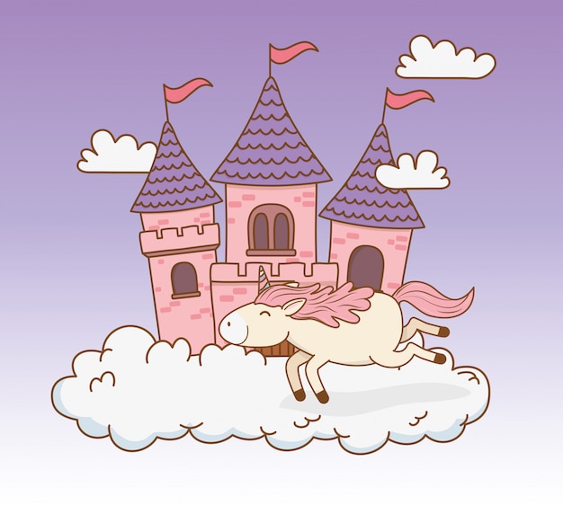 Cute fairytale unicorn with castle in the clouds