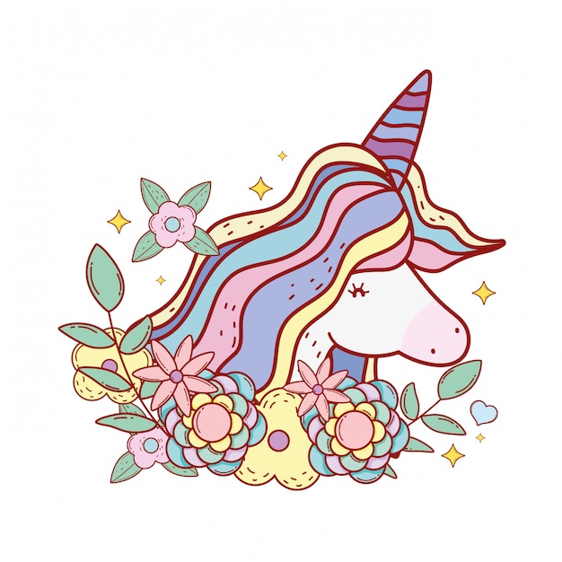 Vector cute fairytale unicorn with floral decoration