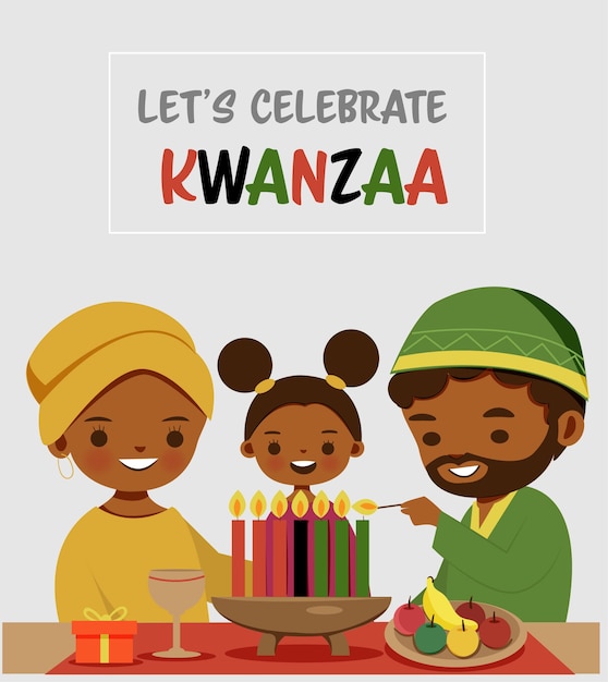 Cute family cartoon celebrating Kwanzaa festival