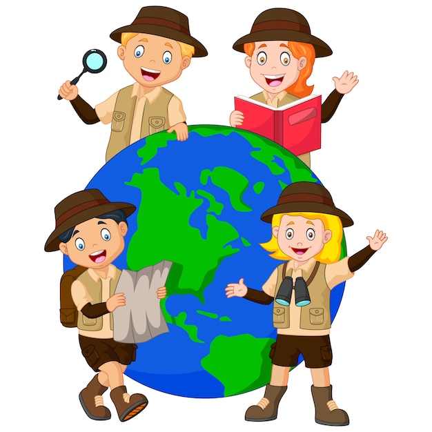 Vector cute family explorer around a globe