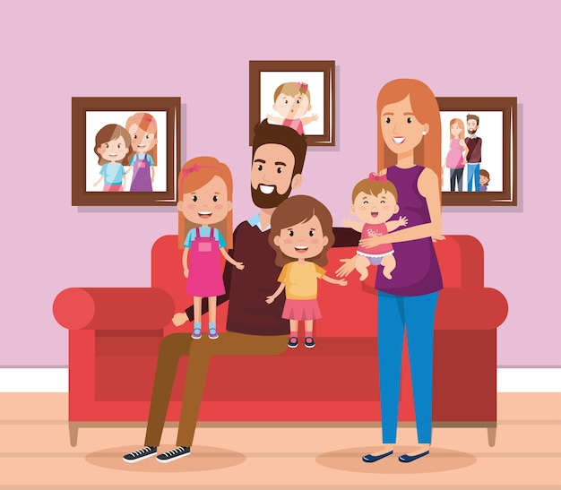 cute family happy in the living room characters