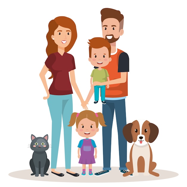 cute family happy and pet characters