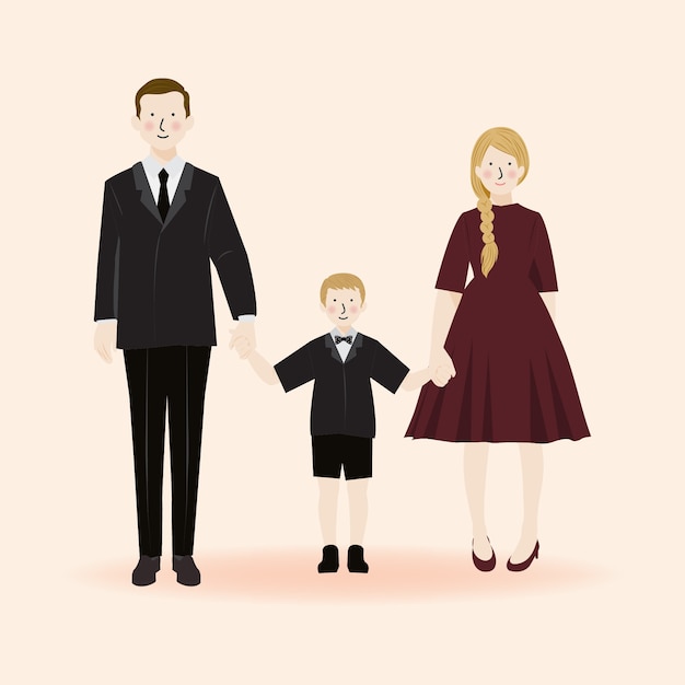 Cute Family Portrait Character, Father Mother and Son in formal Outfit Party