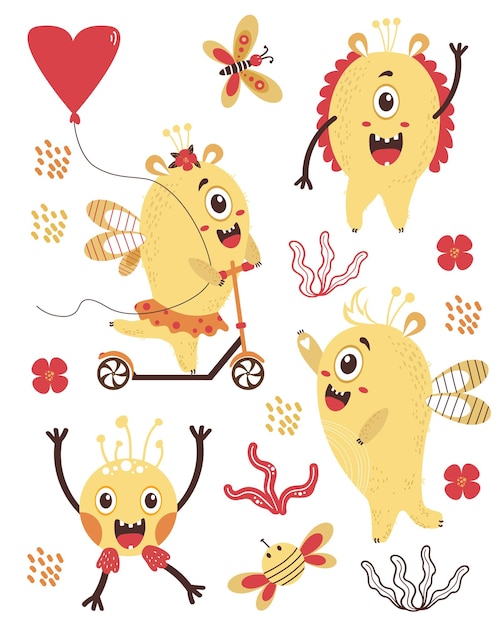 Cute fantastic monsters Yellow creatures monster girl rides scooter boy waving paw Kids collection