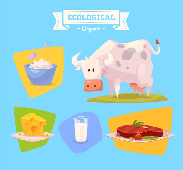 Cute farm animal Cow . Illustration of isolated farm animals set on colored background.  Flat Vector illustration. Stock Vector.