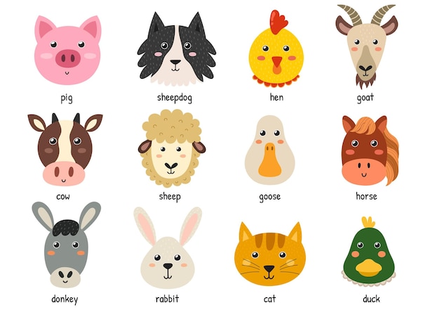 Cute farm animal faces for baby and children design. Funny heads of farm characters. Pig, hen, goat