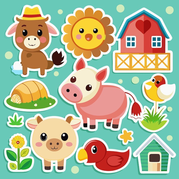 Cute Farm Animal Stickers with Barn Sun